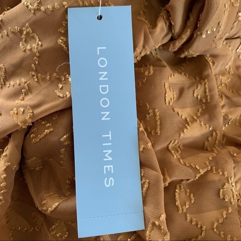 London Times Aztec Burnout Ruffle Dress In Terracotta With Gold Threading Sz. 12 - Picture 10 of 13